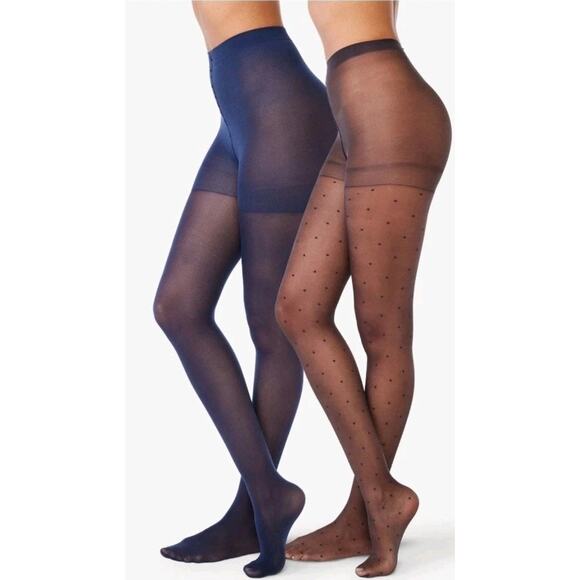 Size XXXL 2 Pr Joyspun Fashion Tights Black Dotted Sheer Navy Opaque - Picture 2 of 4